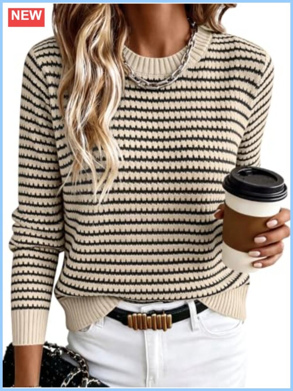Womens Striped Crochet Knit Long Sleeve Crew Neck Pullover Sweater